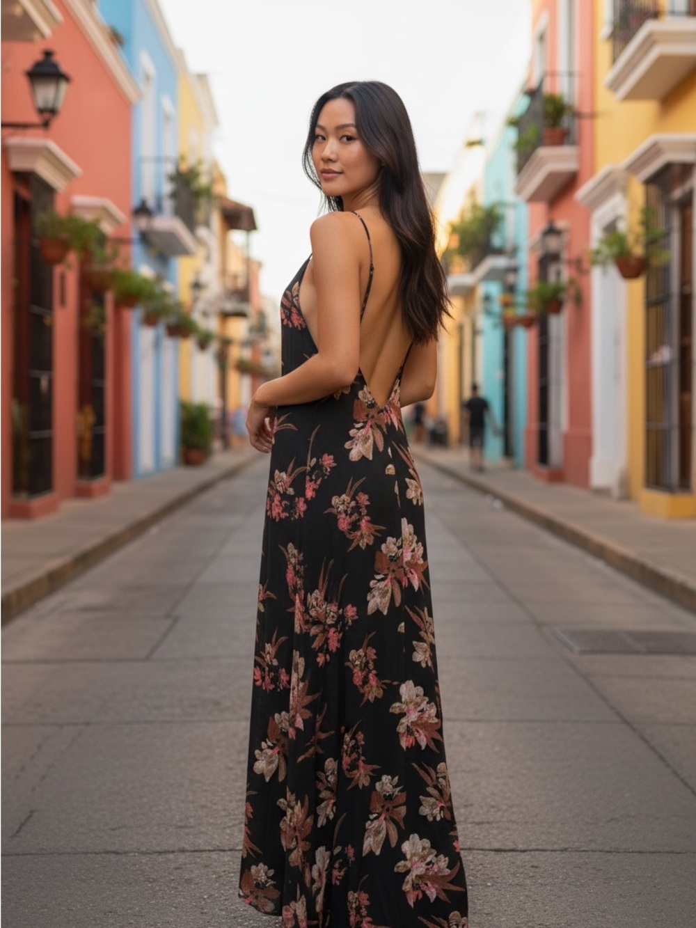 FP Black Floral Maxi Dress with Open Back